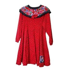 Vintage 80s Gitano Dress Girls 6 Red Polka-dot Kids 1980s Bow Ruffle Bib